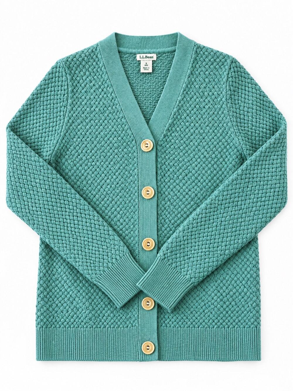 LL Bean Cosy Green Chunky Knit Cardigan Womens Sz L Essential Basic Staple